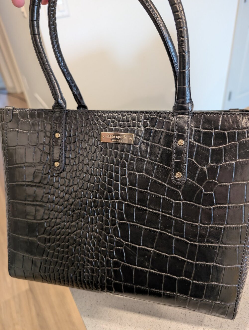 1005 Kate Spade Crocodile Embossed Handbag Black Leather Tote - NWT